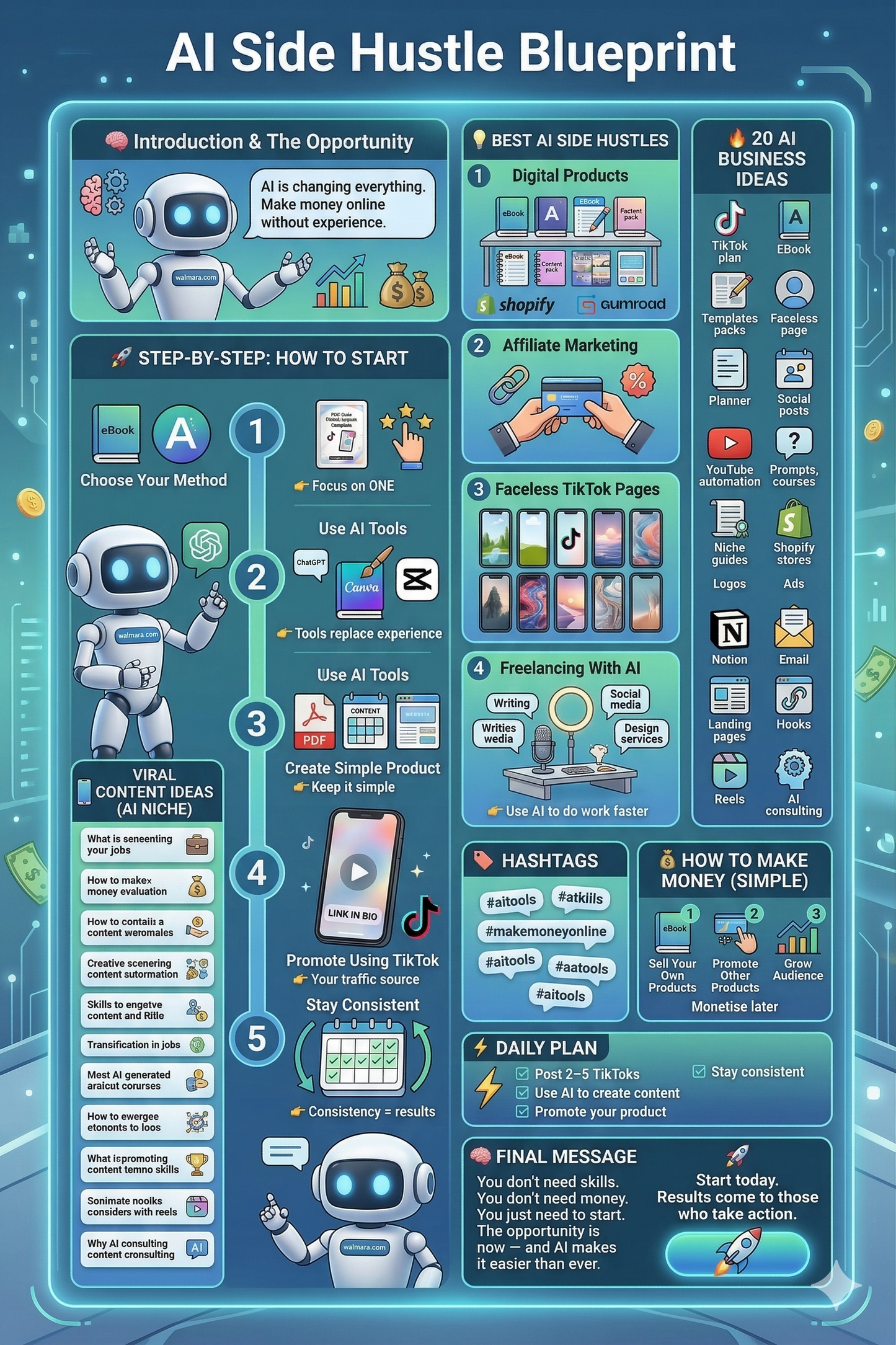 AI side hustle blueprint infographic with robot, step-by-step guide, business ideas, and tips for making money online using TikTok, digital products, and AI tools.