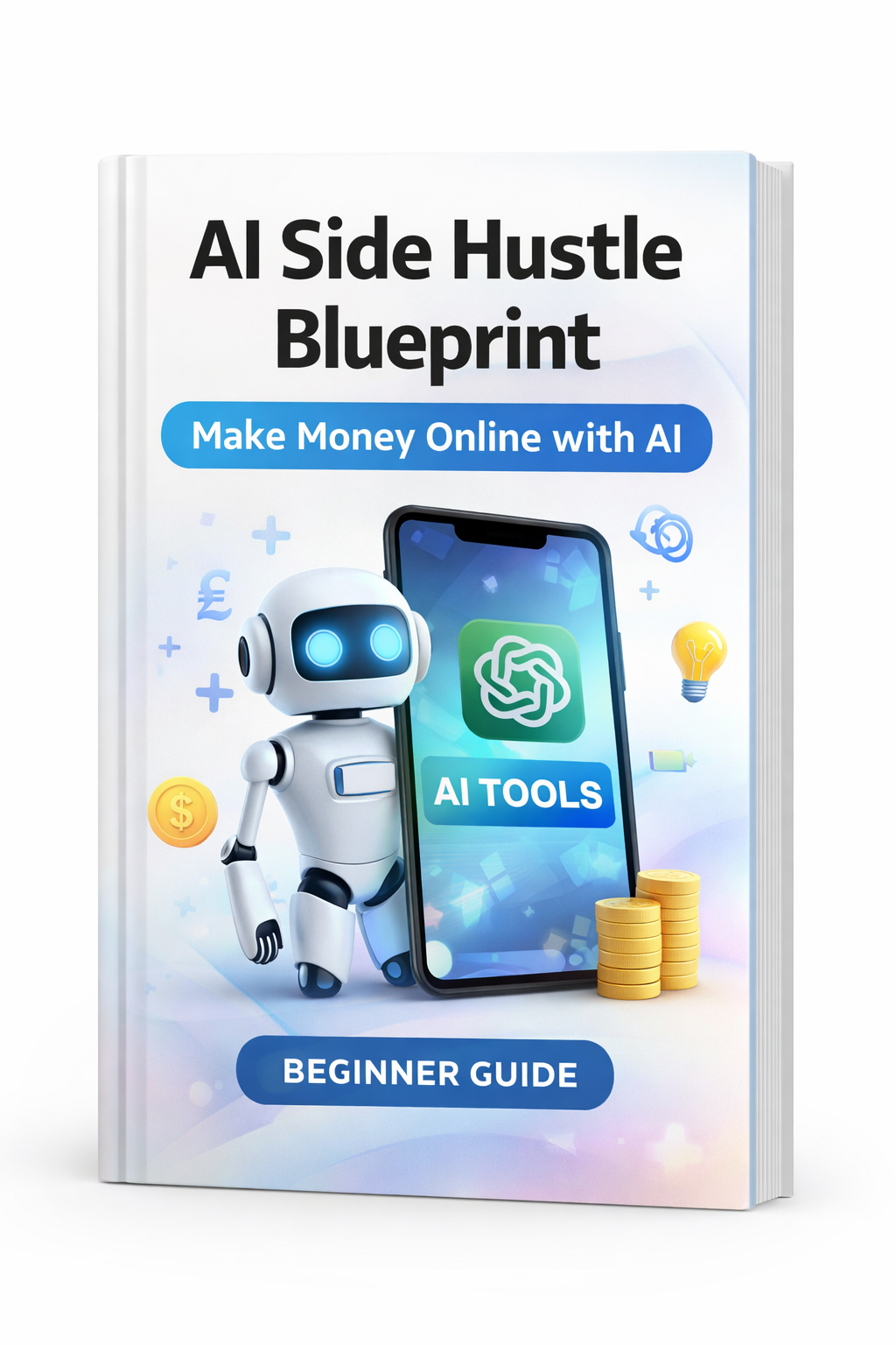AI Side Hustle Blueprint ebook cover with robot, smartphone, coins, and beginner guide label