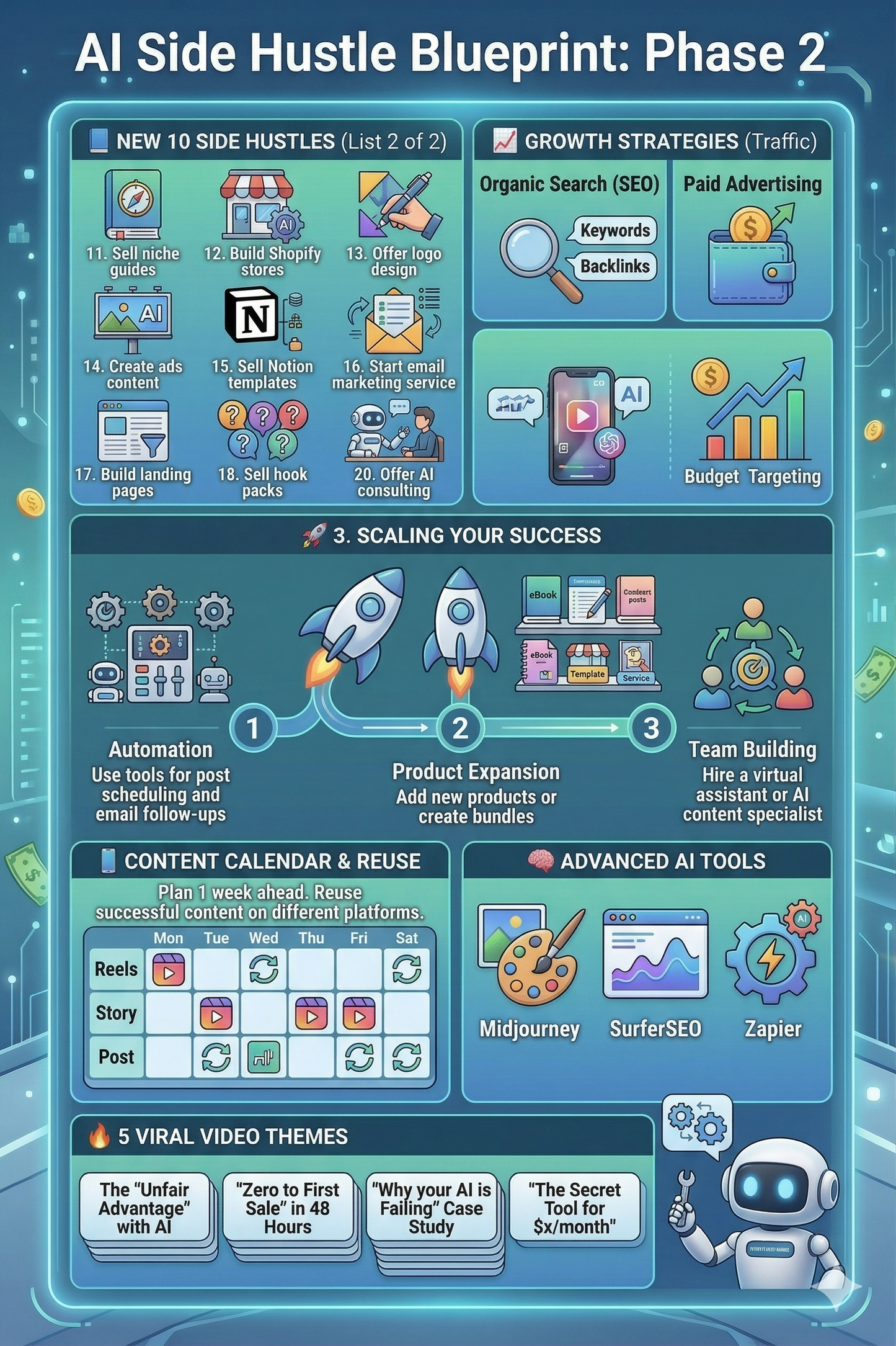 AI side hustle blueprint infographic showing new side hustles, growth strategies, AI tools, and content tips.