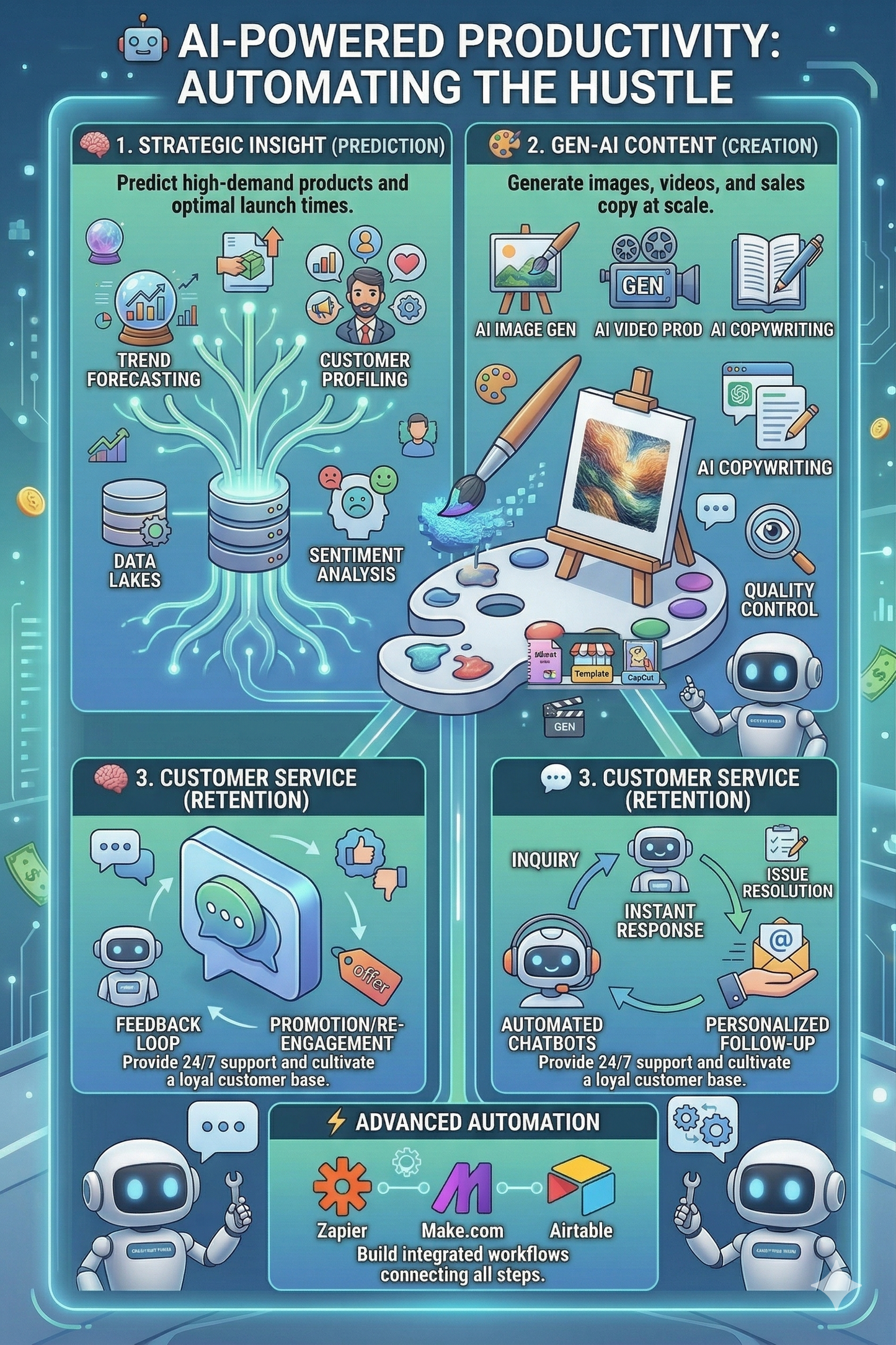AI-powered productivity infographic showing automation tools for business tasks like trend forecasting, AI content creation, and customer service with chatbots.