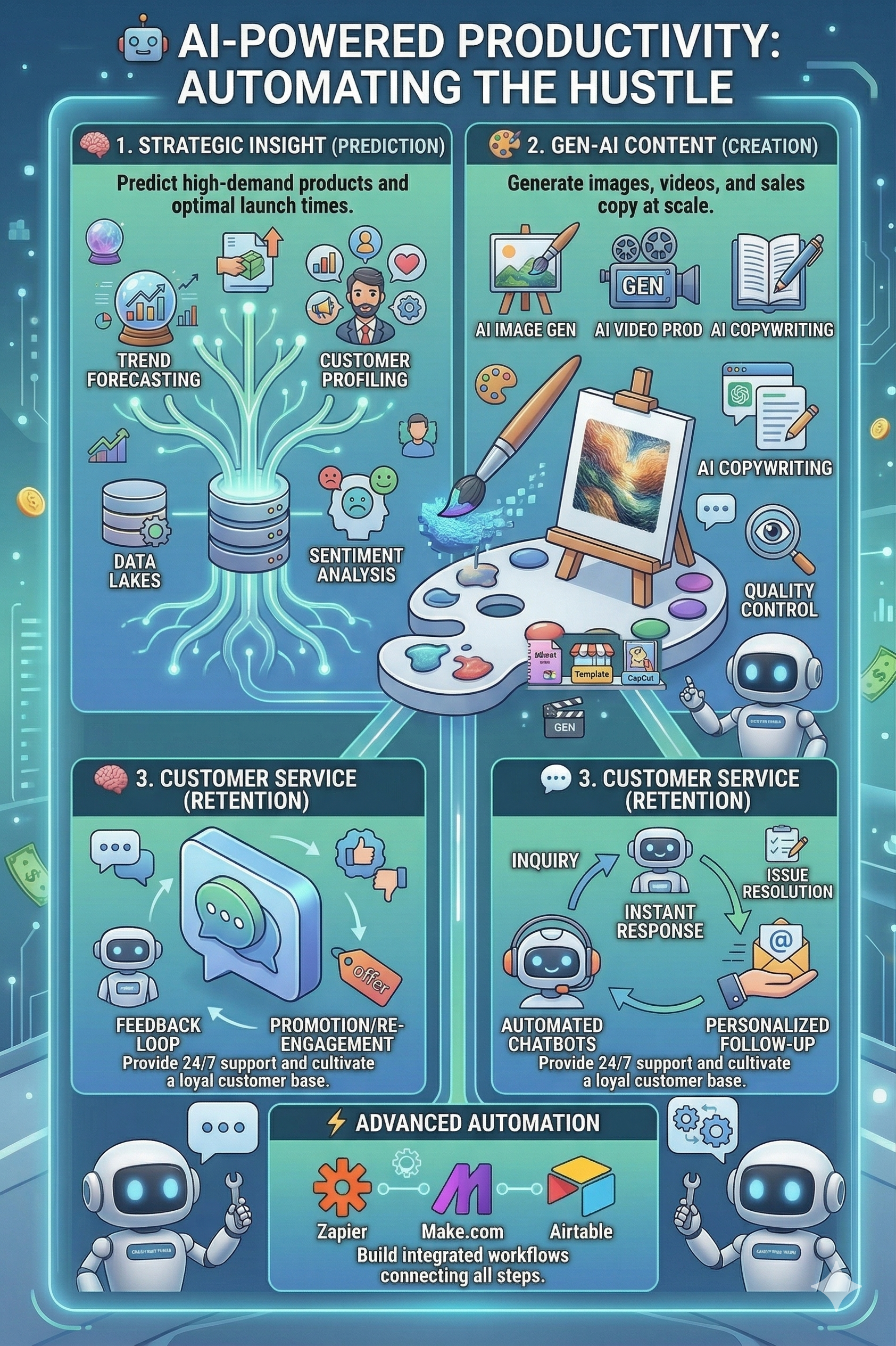AI-powered productivity infographic showing automation tools for business tasks like trend forecasting, AI content creation, and customer service with chatbots.