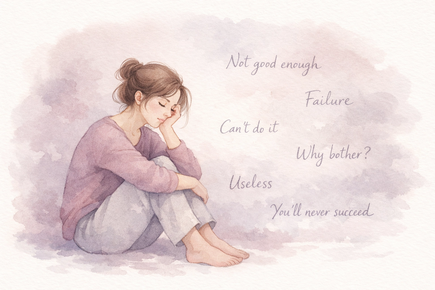 Watercolor of sad woman sitting with negative self-talk words like 'failure' and 'useless' around her.
