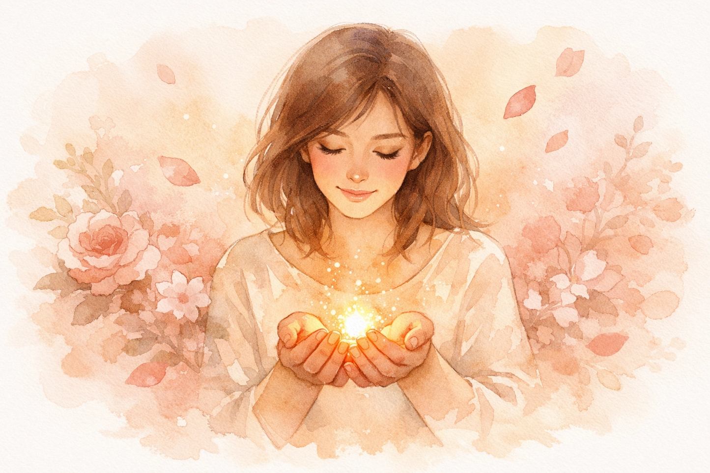 Watercolor of a smiling woman holding glowing light, surrounded by soft pink flowers