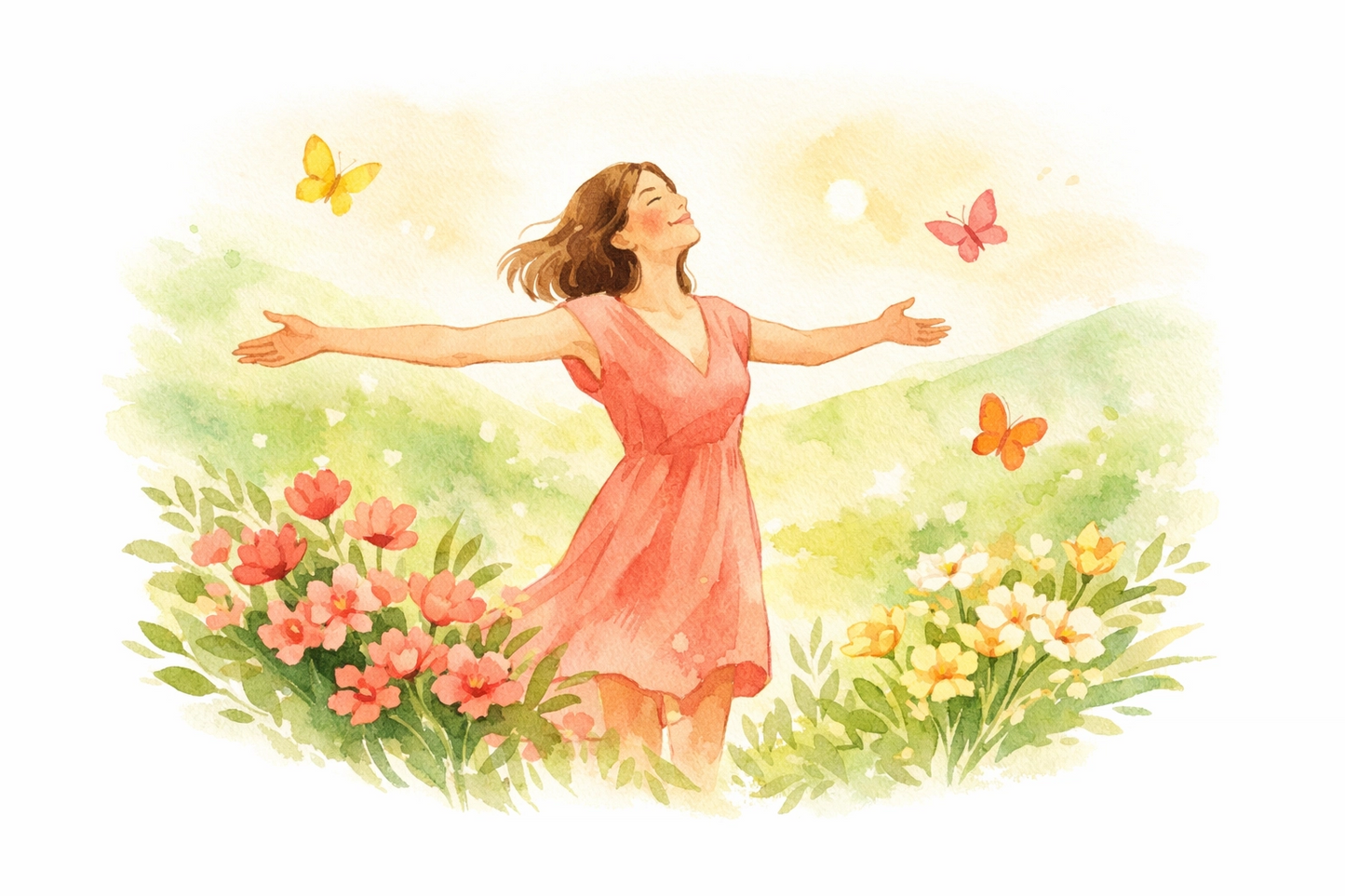 Watercolor woman in pink dress in flower field with butterflies, arms open, feeling free