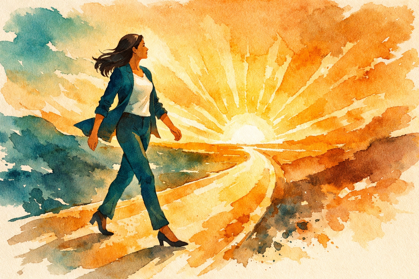 Confident woman walking toward sunrise, symbolizing new beginnings and opportunity